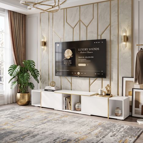 Creahappy Meuble TV Extensible 190-275 cm - Banc TV Laqué Brillant avec Passe-Câbles Rangement Salon - Blanc et Liseré Doré (1/5)
