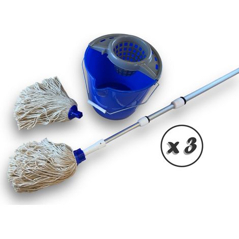 Balai à Franges Espagnol  2 Serpillières  Seau 10L  Manche 3,80m - Quantité x 3 - Ensemble balai espagnol télescopique
