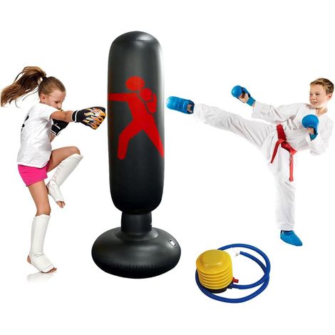 Sac de Boxe Enfant 160cm Gonflable Sac de Frappe avec Colonne de Boxe et Base épaisse pour Karaté Kickboxing, éQuipement D'EntraîNement, Cadeau pour GarçOns Filles