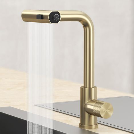 Mai & Mai Rubinetto per Cucina, 3 Modalità con Doccetta Estraibile, Rubinetto Lavello Cucina in Acciaio Inossidabile 304 con Cartuccia Ceramica, Tubi e Accesorri, Design Moderno Oro Turnix-02 (1/5)