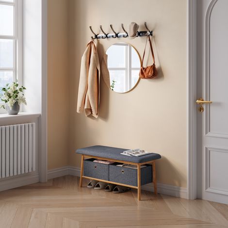 Panca da Scarpe Vad con Seduta Imbottita e 2 Contenitori in Tessuto 90 x 30 x 45 cm - Bambù Naturale / Grigio