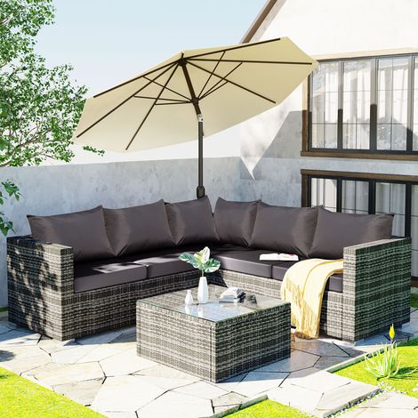 Polyrattan Lounge set sofa, ensemble de meubles de jardin 5 places avec coussins gris anti-UV, housses amovibles, canapé d'angle en rotin avec canapé individuel et table basse pour 4-5 personnes (1/5)