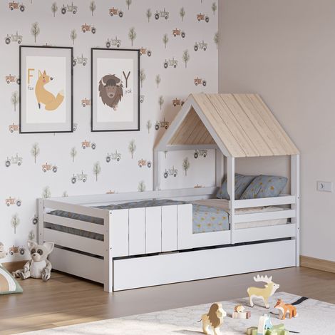 Lit cabane 90x190 cm en bois de pin blanc et naturel
