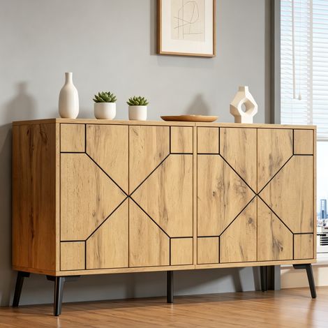 Buffet 4 portes en MDF avec ouverture par pression, 120 x 35 x 69 cm, finition bois naturel (1/5)