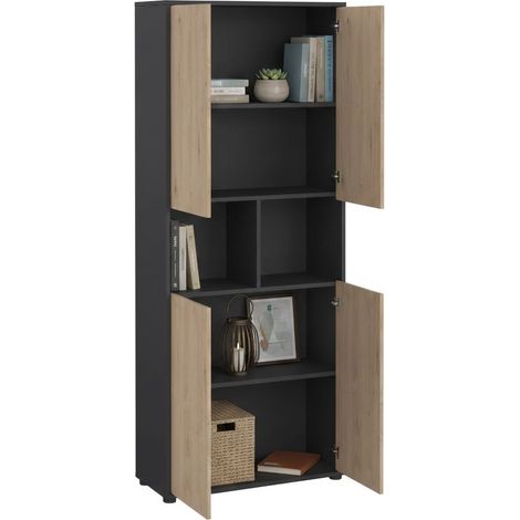 Dmora - Credenza Pierre, Buffet da soggiorno, Madia da salotto, Dispensa da cucina, 80x34 h205 cm, Rovere e Grigio