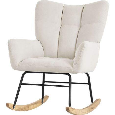 ML-Design Schaukelsessel Beige, Schaukelstuhl mit Bezug in Frottee-Optik, Gepolsterter Schwingsessel mit Holzkufen, Relaxsessel mit Armlehnen für Wohnzimmer/Schlafzimmer/Balkon, Relaxstuhl Ohrensessel