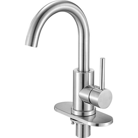 Robinet d'évier à poignée unique, mitigeur de cuisine à arc élevé, finition nickel brossé, avec aérateur anti-éclaboussures, pour salle de bain, camping-car, évier de bar, toilettes publiques (1/5)