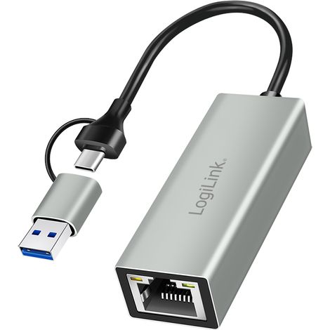 Adattatore 2 in 1 da USB-C/A a Ethernet LAN RJ45 per scheda di rete LogiLink in alluminio (1/5)