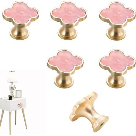 Rose Lot de 6 boutons de porte en forme de trèfle pour commode, armoire, tiroir, armoire, chaussures, boîte à bijoux, table basse, poignée de porte à trou unique (1/5)