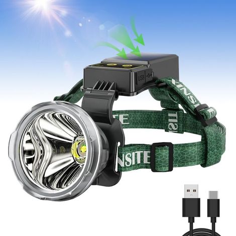 Lampe frontale rechargeable, lampe frontale solaire 5000 lm, chargement USB C, 3 modes avec capteur de mouvement, réglable à 90°, idéale pour le camping, la randonnée et la pêche (1/5)