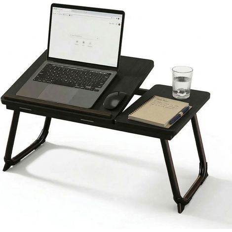 Relaxdays Table portable pour lit et canapé, pliable, aspect bois, réglable en hauteur, métal, noir (1/5)