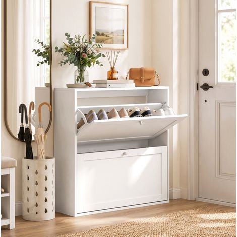 Zapatero de 80x20x84 cm con 2 puertas abatibles, estantes ajustables, almacenamiento que ahorra espacio, madera blanca (1/5)
