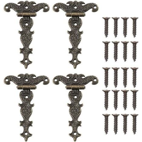 4 Pcs Charnières Vintage Décoratives Sculptées en Bronze Charnière Meubles en Forme de T pour Porte de Placard Boîte à Outils avec Vis (1/5)