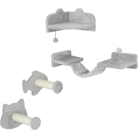 Ensemble d'escaliers muraux pour chat 4 pièces avec plateformes et marches en sisal, gris clair et crème (1/5)