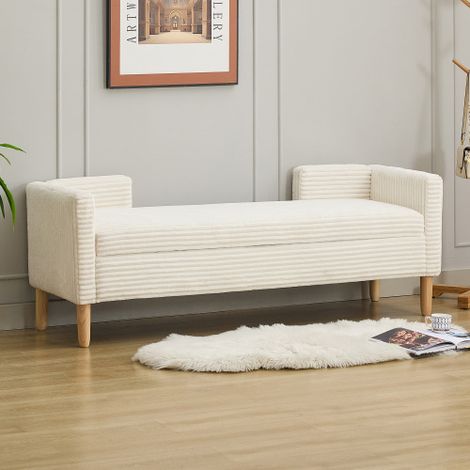 Pouf de rangement rembourré en velours côtelé avec accoudoirs et dossier ivoire