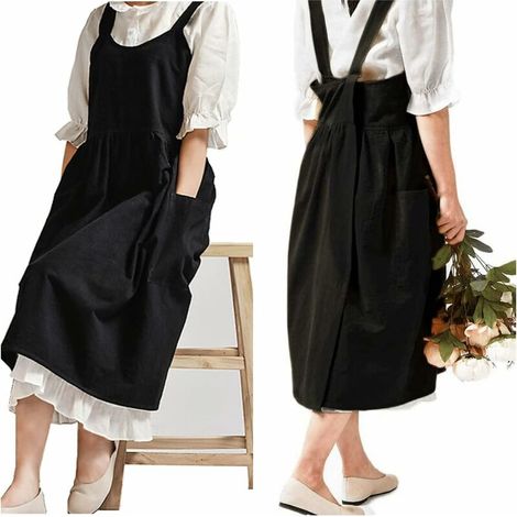Cotton Linen Apron Adjustable Bib Apron Waist Cooking Aprons Black
