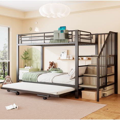 Letto a castello con letto estraibile 255x95,5x164 cm in metallo nero - MEUBLIV (1/5)