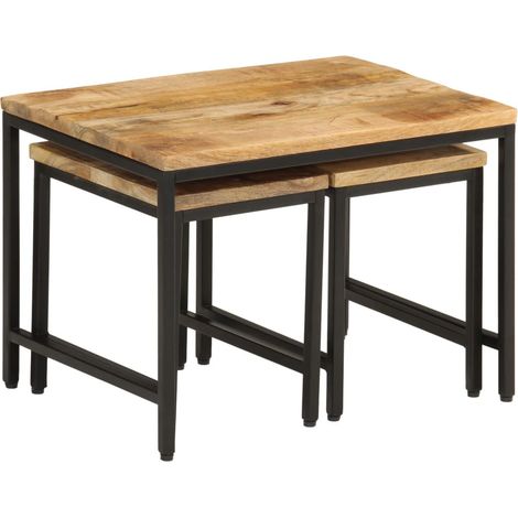 3 pcs Tables basses,Table d'appoint,Table de Salon gigognes bois de manguier massif brut et fer CFW68961 (1/5)