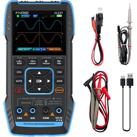 Oscilloscopio digitale portatile 3 in 1, doppio canale 10MHz2, 50MS/s, funzioni combinate di oscilloscopio, multimetro e generatore di segnale. (1/5)