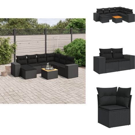 Salon de jardin 8 pcs avec coussins noir résine tressée - Salon De Jardin - Meuble Extérieur - Set Salon - Résine Tressée - Rotin Synthétique (1/5)