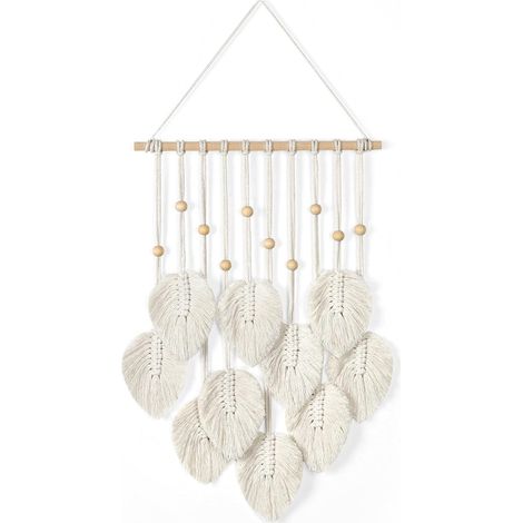 Macramé Tenture Murale Boho Déco, Tapisserie Tenture Murale Macramé Tapisserie avec Feuilles Vertes pour Chambre Chambre D'enfants (Beige) (1/5)