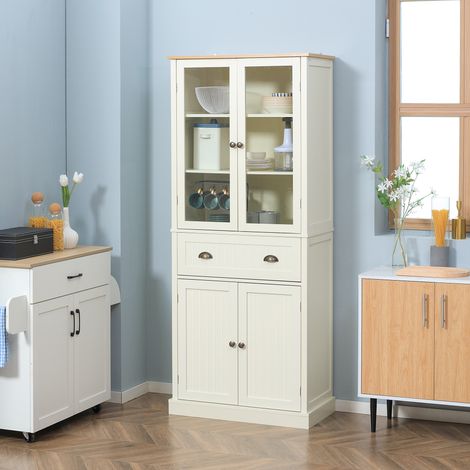 Küchen-Sideboard/Aufbewahrungsschrank mit 4 Türen (2 Glastüren und 1 Schublade), 182,5 cm hoch, mit verstellbaren Einlegeböden – beige