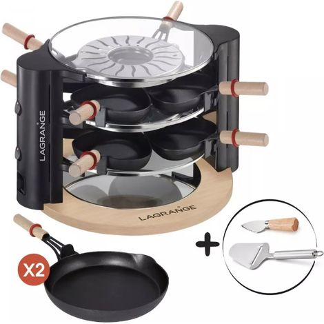 Appareil à raclette 8 personnes – 2 x 450 W – 8 coupelles + 2 grandes – Inox et bois – 3 plateaux en verre trempé – Accessoires inclus – Lagrange