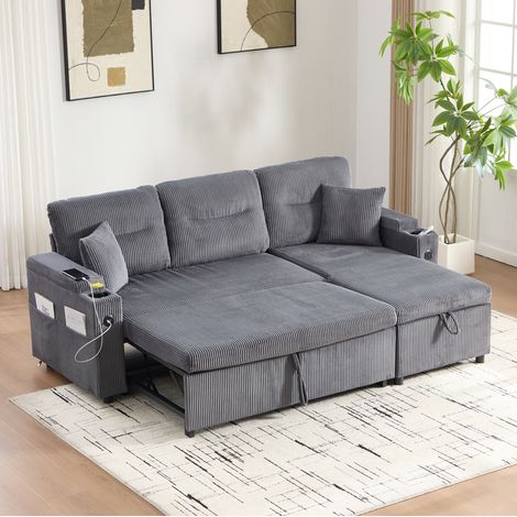 Divano a 3 posti 212.5x136x86 cm, con chaise longue idraulica e letto estraibile, tessuto corduroy grigio carbone (1/5)