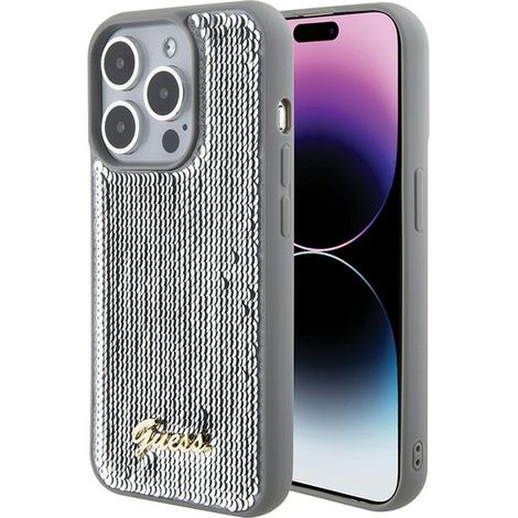 Hülle für iPhone 15 Pro Max, Guess Pailletten-Schriftzug, Metall-Silber (1/5)