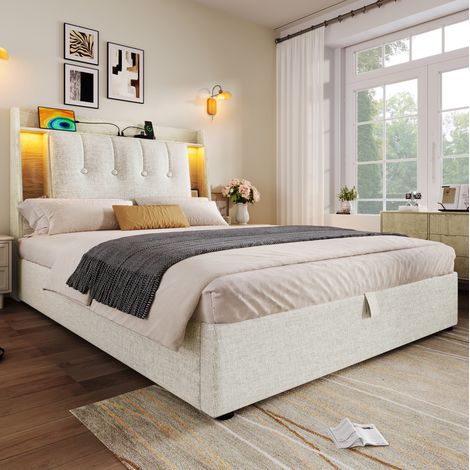 Lit capitonné 90 x 200 cm en lin beige avec USB-C, LED et coffre de rangement (1/5)