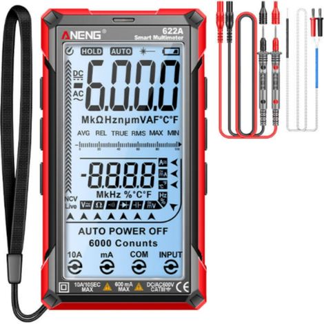 Wiederaufladbares digitales Touchscreen-Multimeter mit 6000 Zählwerten, misst Spannung, Widerstand, Kapazität und Frequenz.
