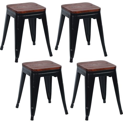 Pack 4 Taburetes Bajos Industriales Apilables de Acero y Madera 38x38x46cm Thinia Home