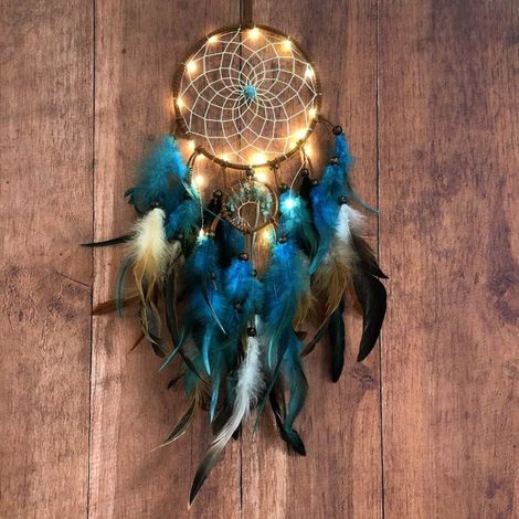 Capteur de rêves bleu avec plumes et guirlande LED lumineuse, fait main, décoration murale apaisante, taille unique, parfait pour chambre ou salon. (1/5)