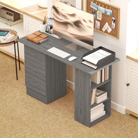 Bureau gris de 119 cm (47 pouces) pour la maison, avec étagères de rangement à 3 niveaux, bureau d'ordinateur avec tiroirs, bureau d'étude organisé (1/5)