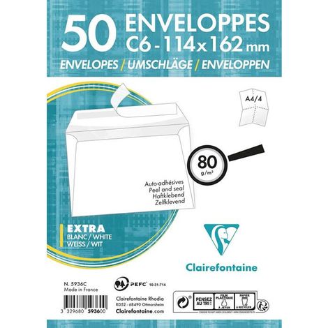 Paquet de 50 enveloppes - Blanches - C6 114X162mm - Auto-adhésive - Clairefontaine (1/4)