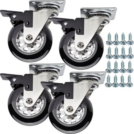 SOTECH 4 Stück Möbelrollen SWIFT Ø 75 mm schwarz mit Bremse (Feststeller) inkl. Schraubenset Belastbarkeit bis 140 kg (35 kg pro Lenkrolle)