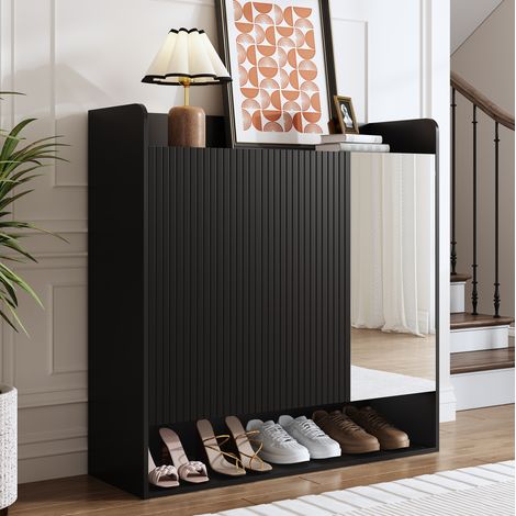 Meuble à chaussures en MDF et panneaux de particules noir avec miroir, 3 portes et tablettes réglables 110x35,5x110 cm (1/5)