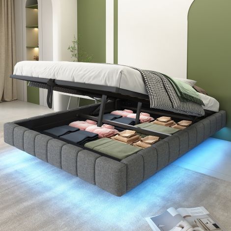 Letto imbottito 140x200 cm, base sospesa idraulicamente con vano contenitore, letto imbottito multifunzionale senza testiera con illuminazione a LED, grigio lino