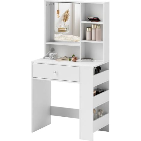 Schminktisch mit Spiegel, Schublade, 3-stufige Seitenablage, Spanplatte, Weiß (1/5)