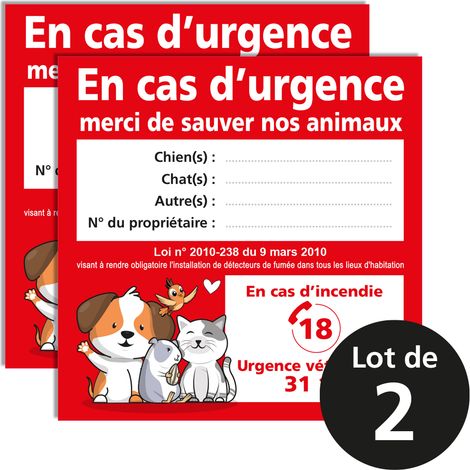 Lot de 2 stickers animaux cartoon à sauver – En cas d’urgence – Format 10 x 10 cm – À compléter – Avec numéros secours