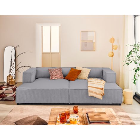 Stella - 3-sitzer einzelsofa mit doppeltem récamiere - tiefer sitz - aus cordstoff - hellgrau