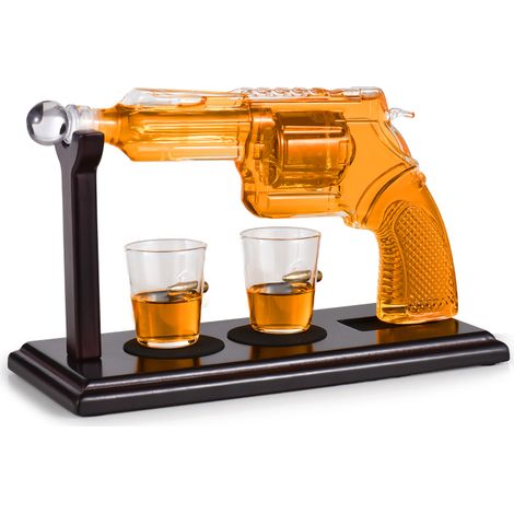 Coffret carafe à whisky pour homme - Cadeau original pour homme - Distributeur de whisky élégant en forme de pistolet (250 ml) avec deux verres (50 ml) pour bar à la maison ou soirées entre amis (1/5)
