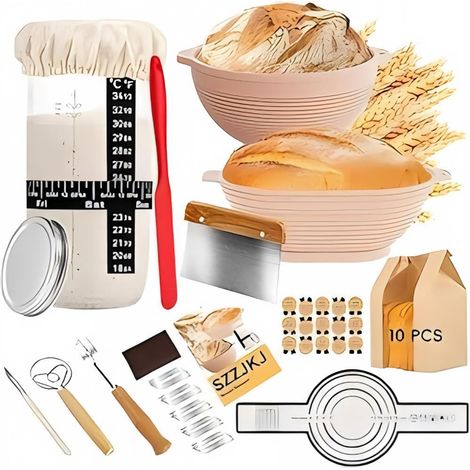 Panier de Fermentation Pliable en Silicone, Bol à Pain Résistant à la Chaleur, Outil de Boulangerie, Kit Complet Lot de 16 Pièces Prêt à l'Emploi