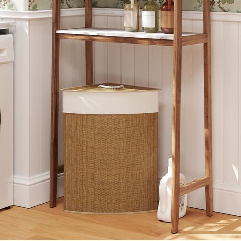 Panier a linge d'angle 55L avec couvercle bambou OKMYHOME (1/5)