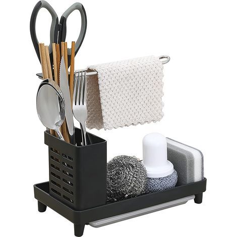 Support Evier Cuisine, Évier de Cuisine avec Plateau d'égouttage, Support Brosse Éponge Organiseur,Noir (1/5)