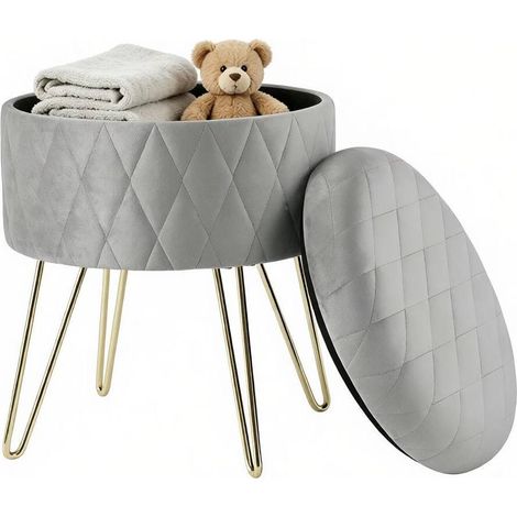 CHICFURN Puff de almacenaje redondo 31,5 x 31,5 x 36 cm terciopelo gris claro, 150 kg (1/5)
