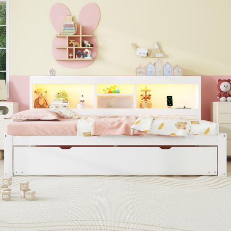 Lit banquette 90x200 cm avec lit gigogne 90x190 cm, LED, prise et USB, rangement latéral, bois, blanc, sans matelas (1/5)
