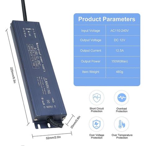 IP67 Wasserdichter LED-Treiber-Schaltnetzteil-Transformator-Adapter AC 110V-220V auf DC 12V 150W Dauerleistung