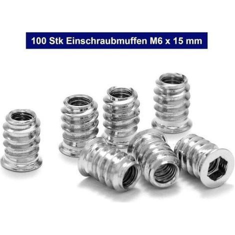 100 Stück Gewindeeinsätze für Holz, Sechskantmuttern M6 x 15 mm, Zinklegierung, Gewindeeinsätze für Innensechskantschrauben (1/5)