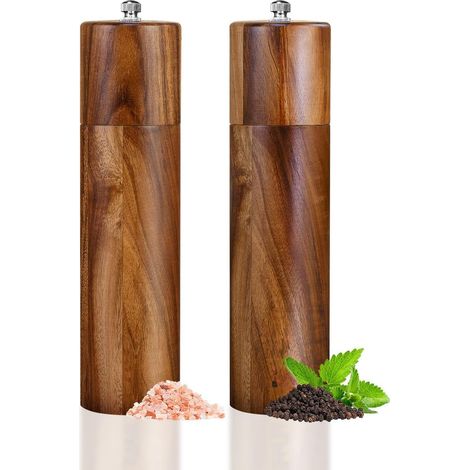 Moulin à Sel et Poivre en Bois d'Acacia - Noyau Céramique - Réglage de la Granulosité - 20 cm - Lot de 2 (1/5)